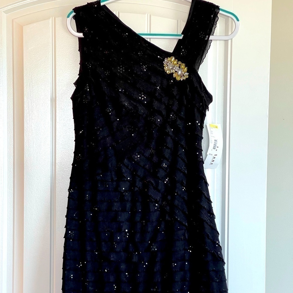 $80 Amanda Lane Black Glitter Ruffles Lace Formal Evening Party Prom Dress, M/8